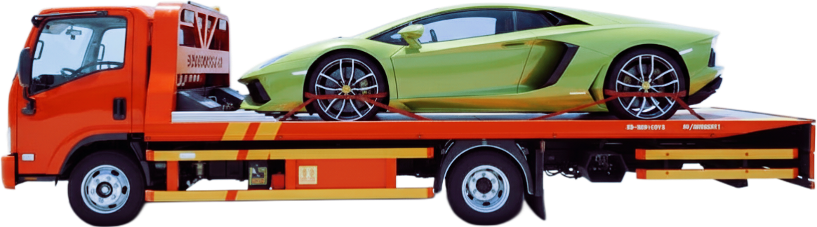 سطحة حمراء تحمل سيارة لامبورغيني صفراء/ليمونية